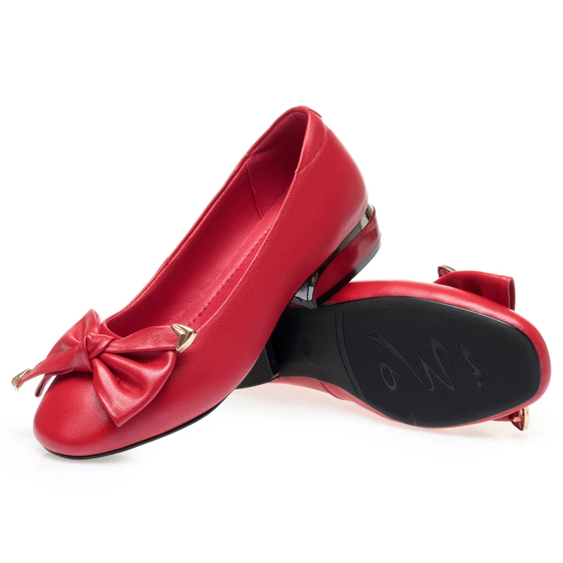 AIYUQI Women's Spring Shoes New 2023 Genuine Leather Mid-heel Red Shoes Women Round Toe Shallow Bow Women Shoes