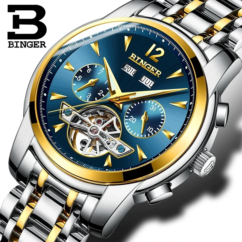 

Automatic Mechanical Watch Mens BINGER Brand Luxury Stainless Steel Classic Skeleton Calendar Wristwatch Blue Dial Gold Two Tone