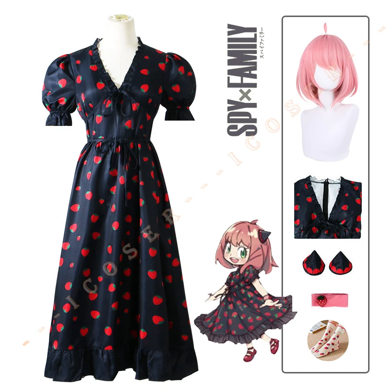 Anime Spy x Family Anya Forger Strawberry Dress Cosplay Costume Pink Wig Hairpins Socks Set Outfit Girls for Kids Adult Women
