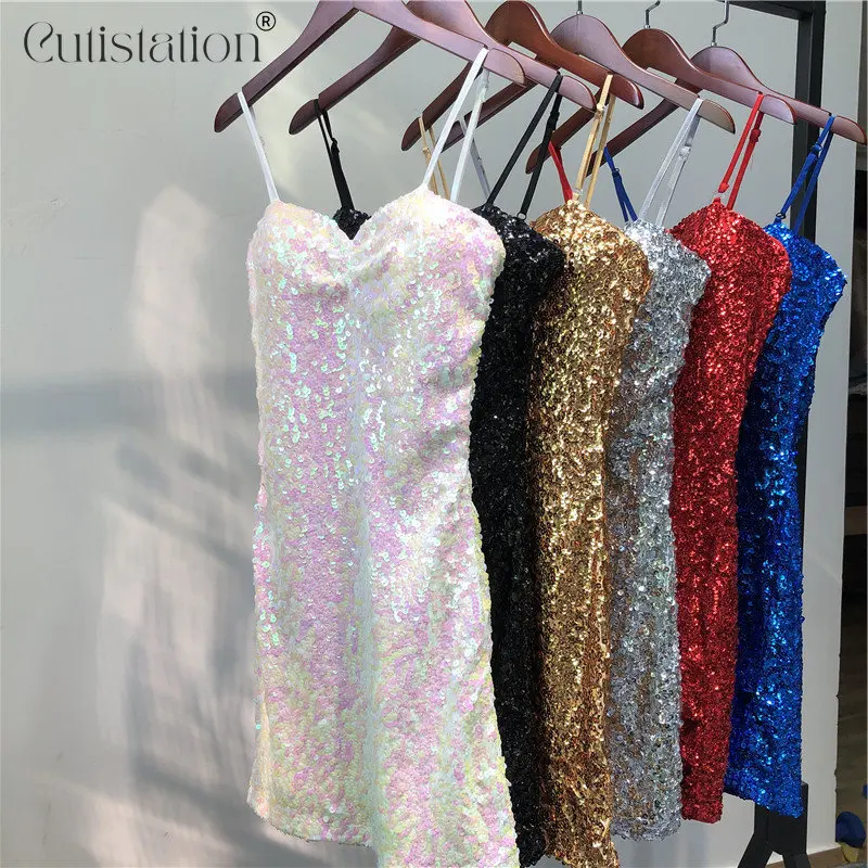 

Cutistation White Sequined Mini Dresses Spaghetti Strap Bodycon Sparkly Glitter Birthday Dress for Women 2023 Party Nightclub