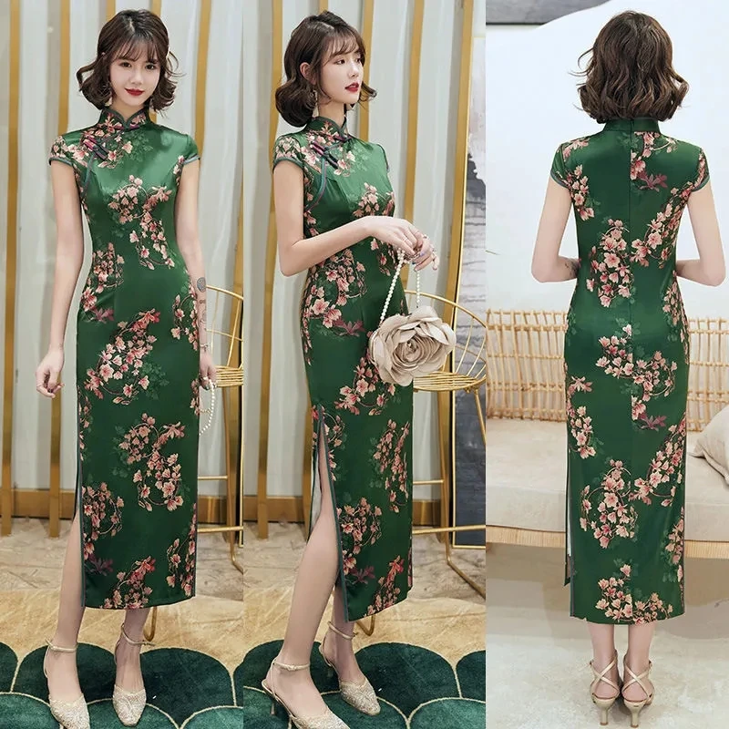Женское шелковое платье-Ципао с разрезом длинное повседневное приталенное