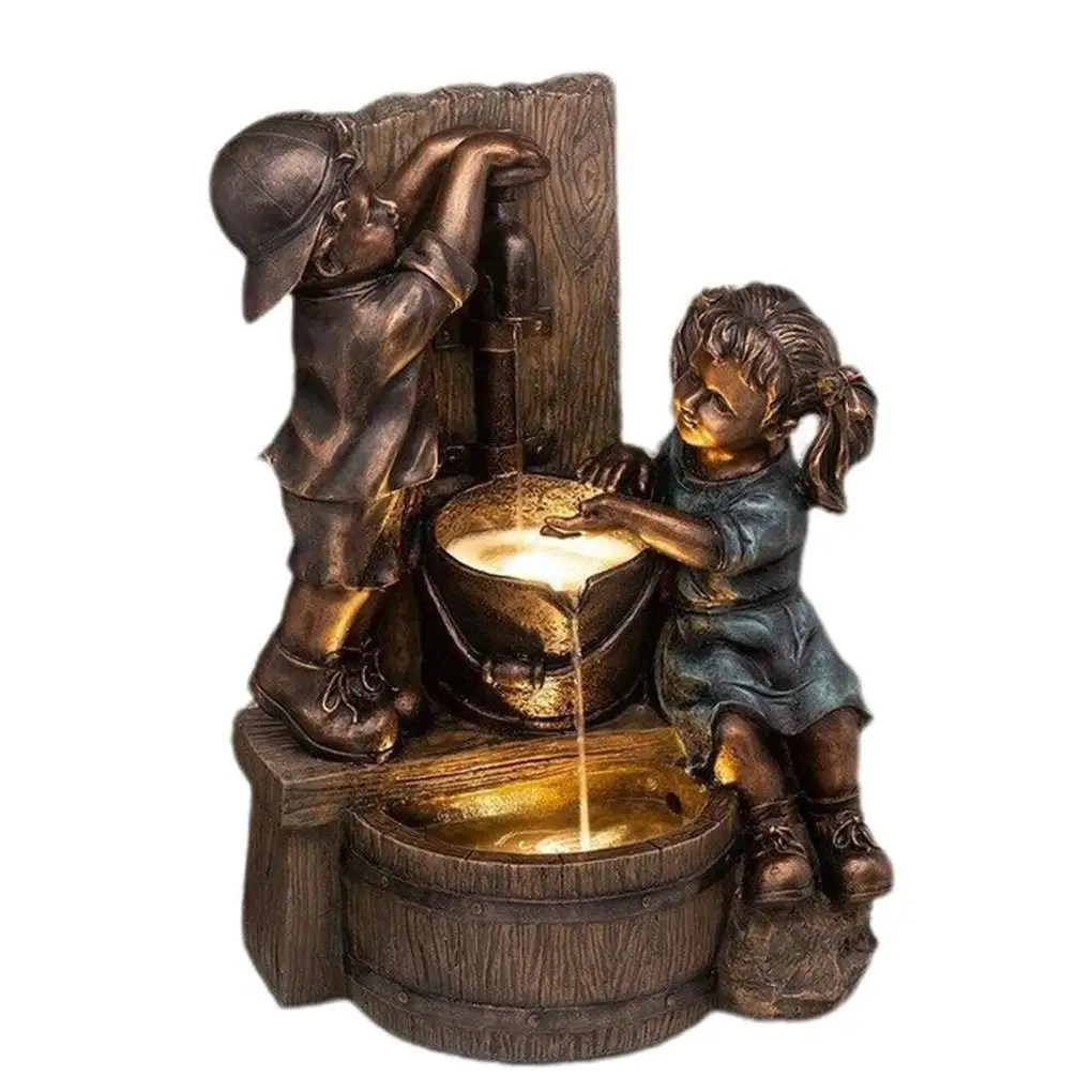 

Boy And Girl Garden Statue Waterfall Sculpture Table Decor Figurine Outdoor Ornaments Art Piece for Home Lawn Yard