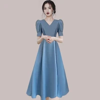 womens new summer high end temperament v neck bubble sleeve high level sense slim fit western style big swing holiday dress