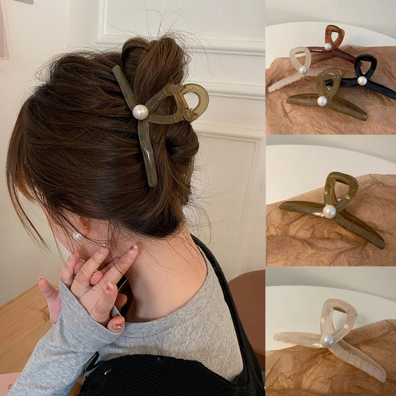 

Ruoshui Woman Pearl Transparent Hair Claws Big Barrettes Hairpins Crab Women Hair Accessorues Hairgrip Ponytail Clips Headwear