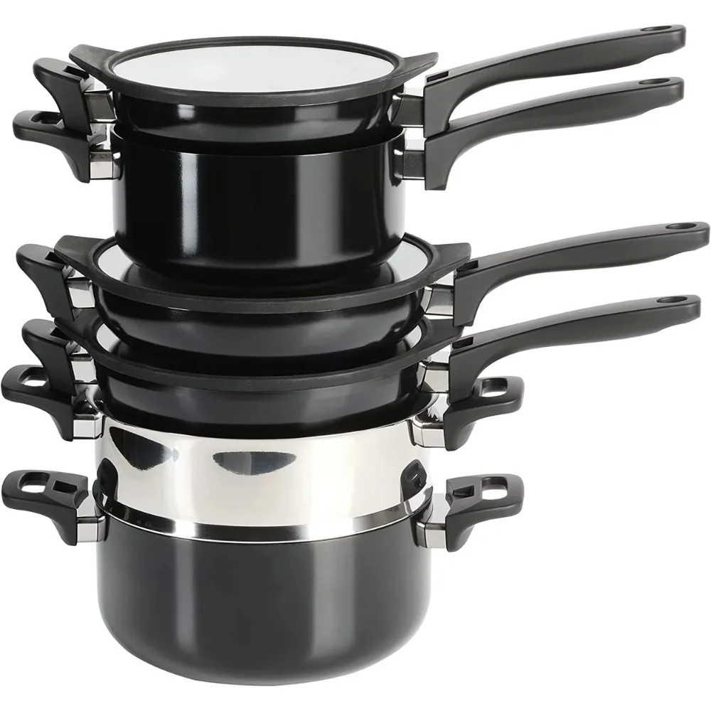 

BOUSSAC Elite Grayson Black 9-Piece Aluminum Stackable Cookware Set