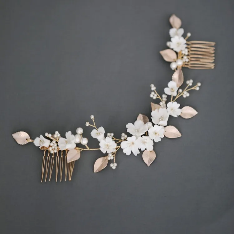 Женский гребень для волос длинный золотого цвета в форме листа белый фарфоровый