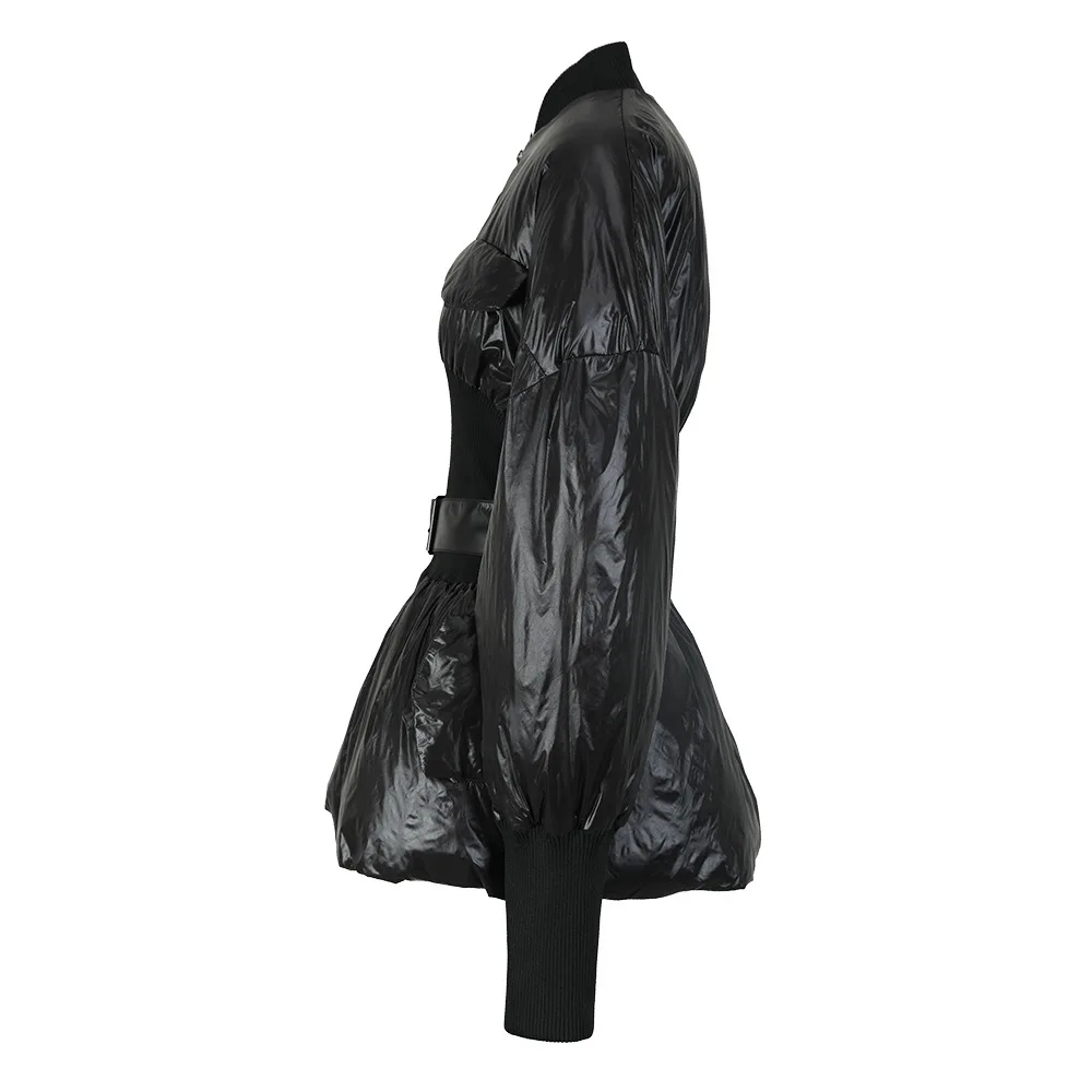 LXUNYI  Autumn Winter Women's Bomber Jacket Stand Collar Belt Slim Long Sleeve Zipper Patchwork Down Coats Fashion New Outerwear