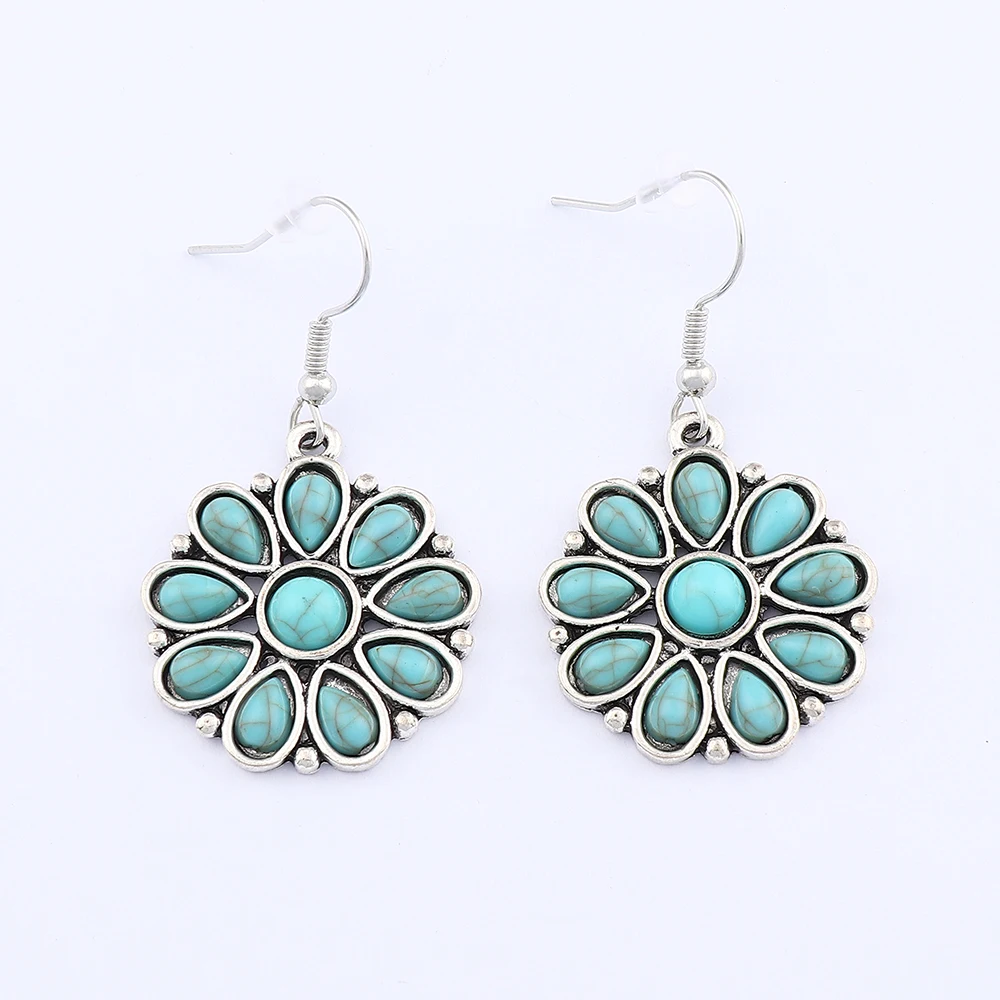 

Tibetan Silver Color Faux Turquoise Stone Flower Pendant Earring for Fashion Women Jewelry Accessories