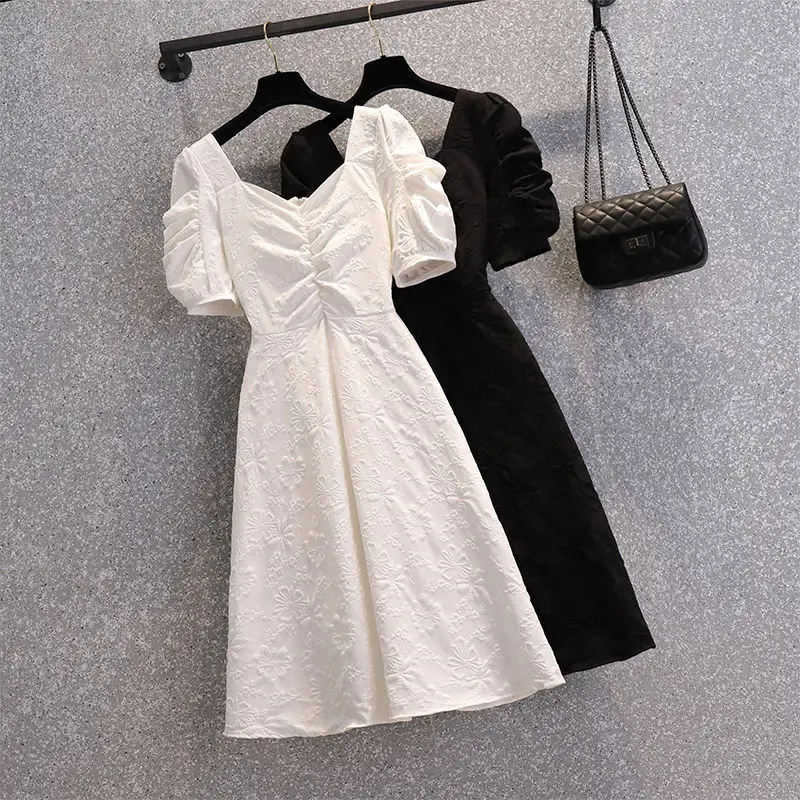 Black White Square Neck Retro Bubble Sleeve Dress Women 2021 Summer Evening Dress Lady Dinner Party Dress Autumn Bottomed Dress