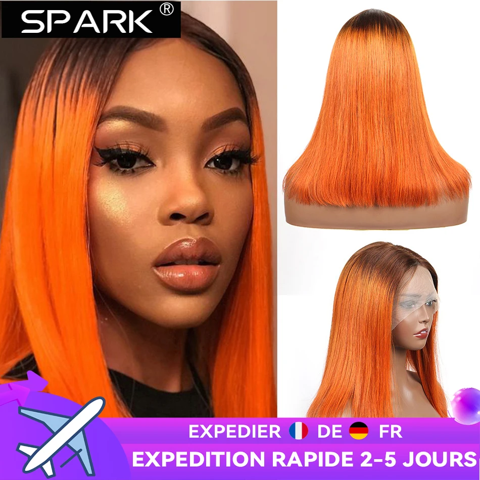 Ombre Color Short Bob 1B/Orange Human Hair Lace Front Wig Straight Brazilian Remy Lace Wig For Women Glueless Lace Closure Wig