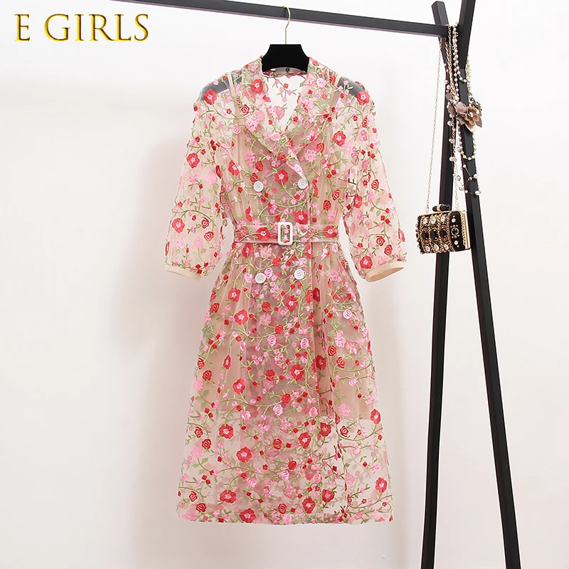 

E GIRLS Runway Gauze Flower Embroidery Trench Coat Women Double Notched Lantern Sleeve Belt Mesh Pink Long Coat Outerwear