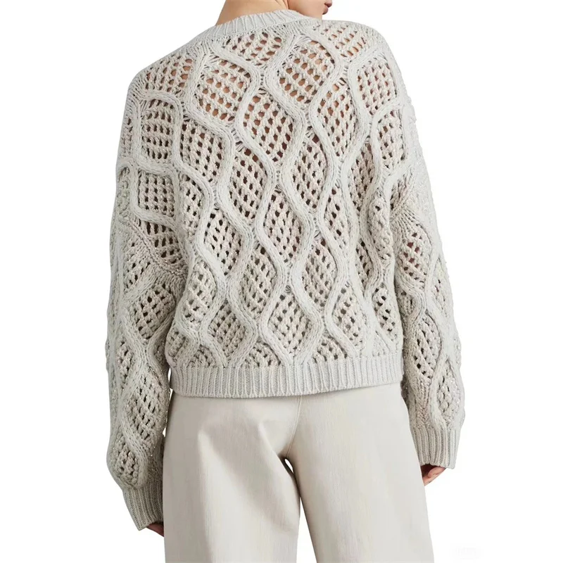 Женский свитер Новинка осени 2024 Модный Блестящий декоративный Топ с длинным