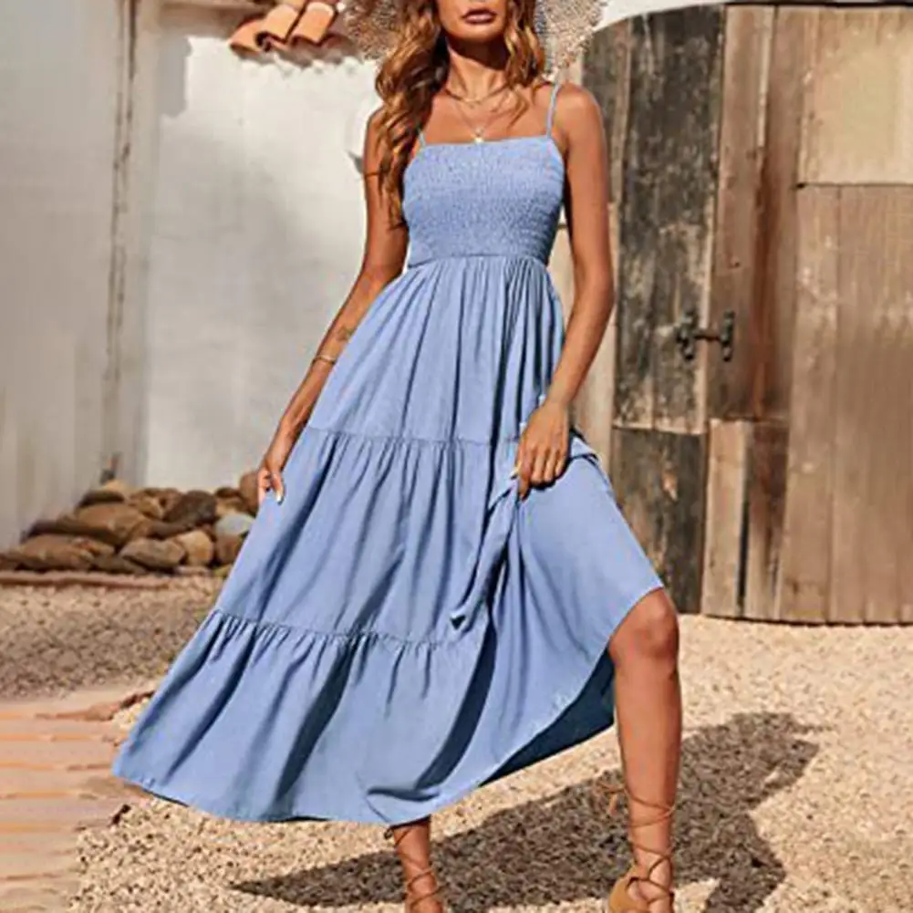 

Women Sundress Maxi Dress Solid Color Pleated Summer Smocked Tiered Long Dress Elegant Women's Clothing Streetwear