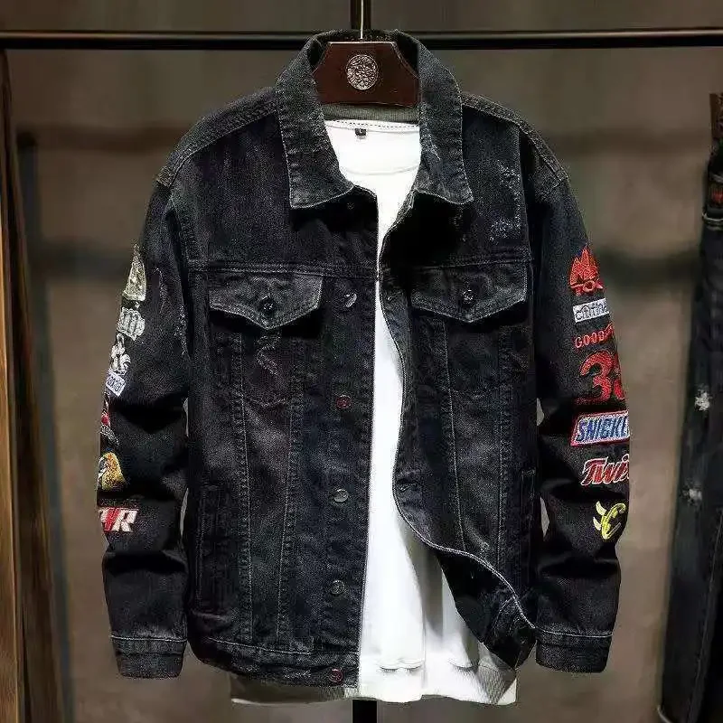 Мужская джинсовая куртка с вышивкой осенняя модная мужская высокого качества