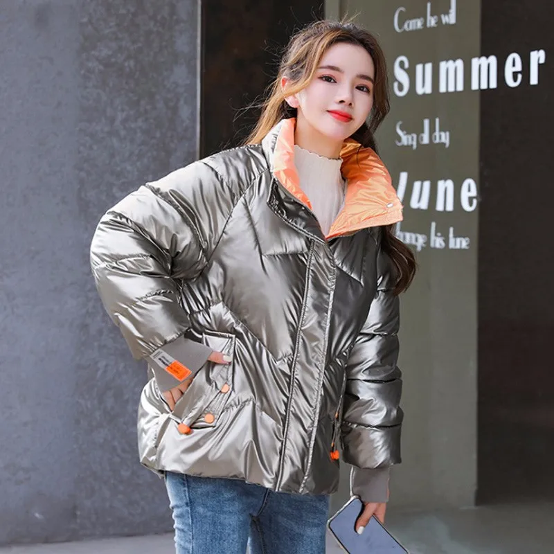 Winter Women Fashion Down Parkas Thick Jackets Short Cotton Padded Glossy Parka Outerwear Female Casual Coat New Jacket Overcoat