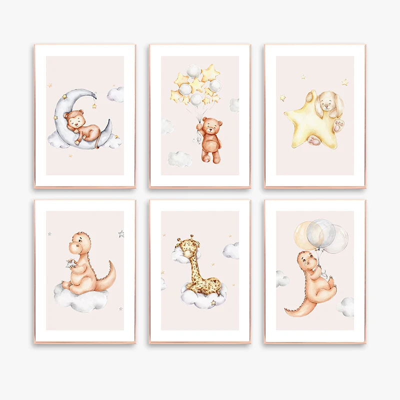 Милый мультяшный медведь кролик на Луне звезды фотопечать холсте Настенная