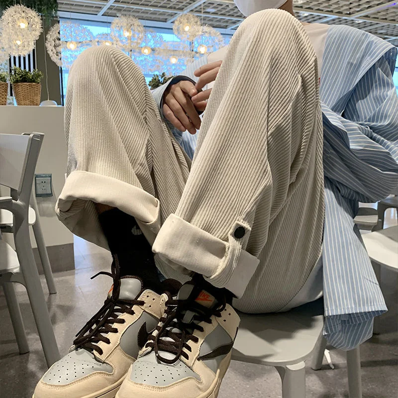 

Corduroy Men's Casual Pants Loose Solid Color Overalls Hip Hop Street Trend Wide Leg Straight Mopping Trousers Spring Autumn