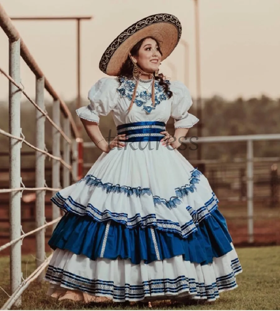 Фото Folklorico Синее мексиканское платье для выпускного вечера 2025 Многоуровневое кружевное вечернее платье в стиле Осакан с оборками и коротким рукавом для карнавальной вечеринки по индивидуальному заказу №3