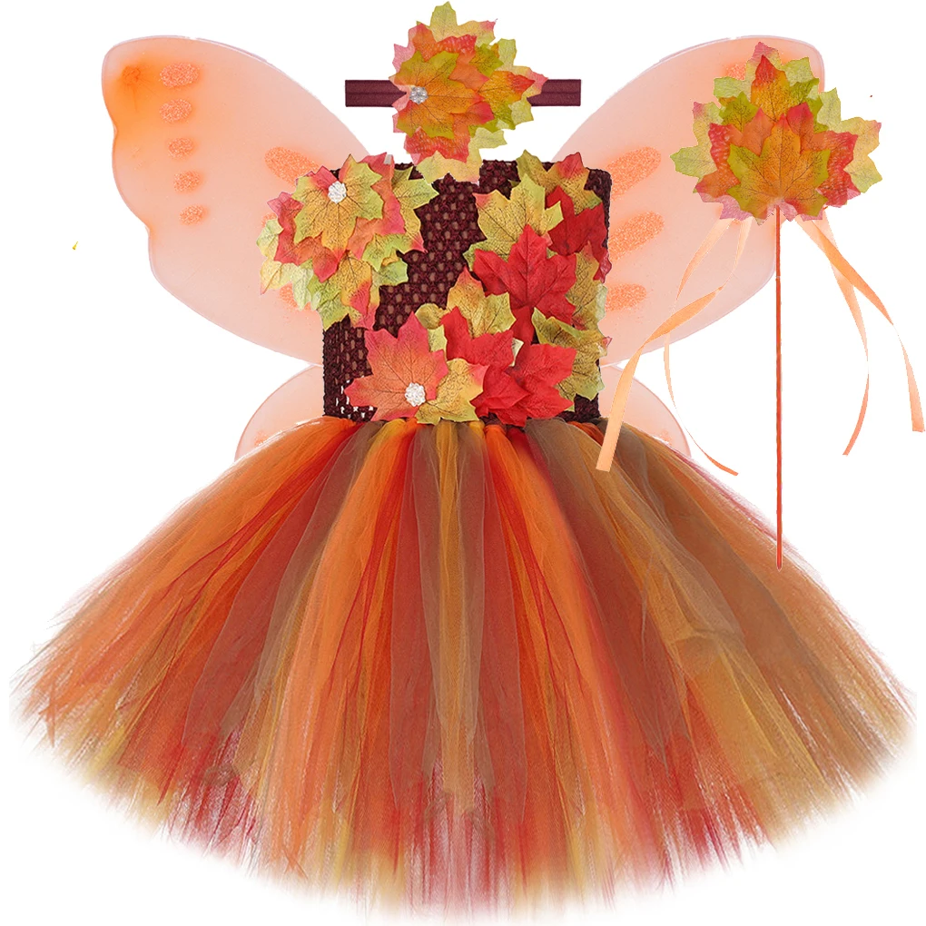 

Осенние костюмы для девочек с кленовыми листьями, праздничные платья на Хэллоуин, День благодарения, Детский карнавальный наряд с крыльями бабочки