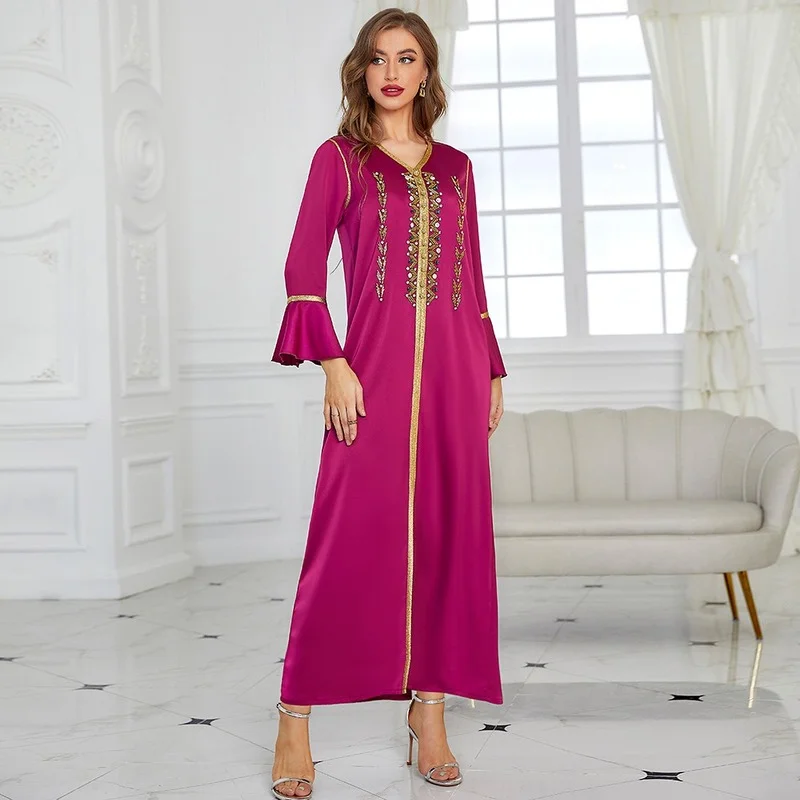 Rose Red Three-quarter Sleeve Ruffled Belt Belt Heavy Sewing Drill Elegant Long Dress 2022 New Fashion Ramadan Dresses Muslim