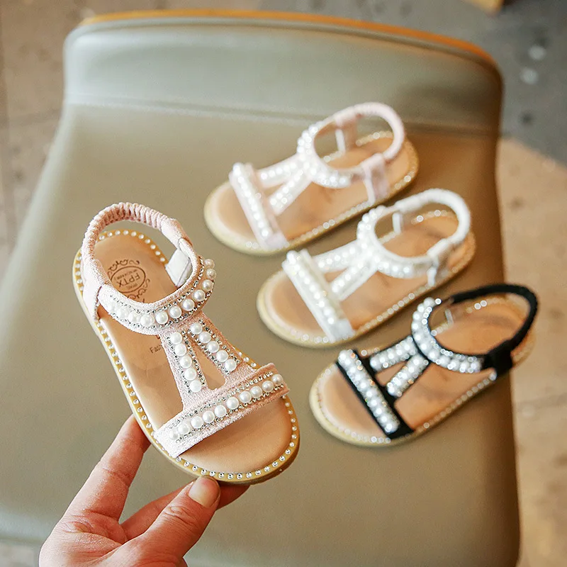 

Children Sandals Girls Pearl Princess Shoes Bow Kids Summer Open Toe Sandals Flat Soft-sole Fashion Sandals for 1-6 Years Kids