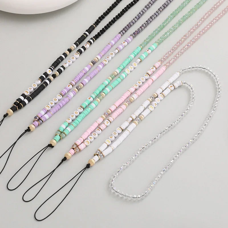 Длинная цветная глиняная цепочка для телефона с бусинами простая Хрустальная