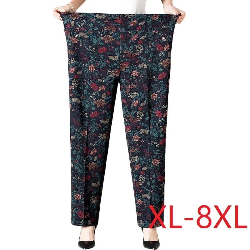 8XL Middle-aged Women Trousers New Print Elasti High Waist Casual Pants Winter Velvet Warm Straight Pants Oversize Grandma Pants