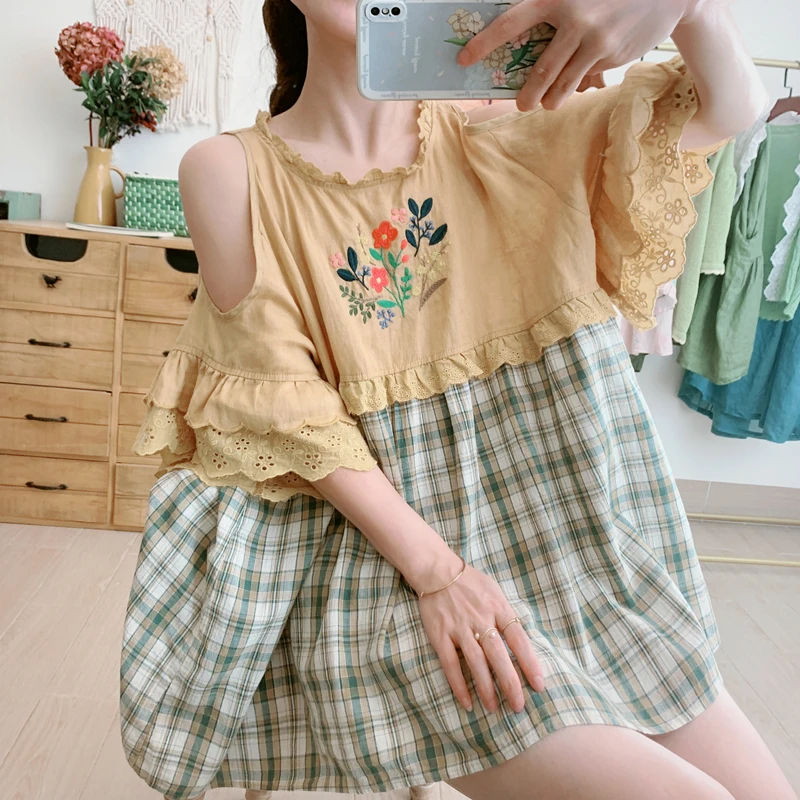 Summer Women Japan Style Mori Kei Girls Loose Plus Size Lace Patchwork Plaid Floral Embroidery Cotton Linen Shirts/Blouses