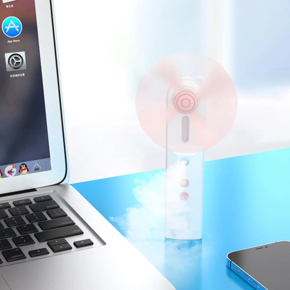 

2022 Wireless Fan Mini Portable Fan USB Rechargeable Water Mist Cooling Handheld Fan Office Quieter Two Speed Adjust Ventilador