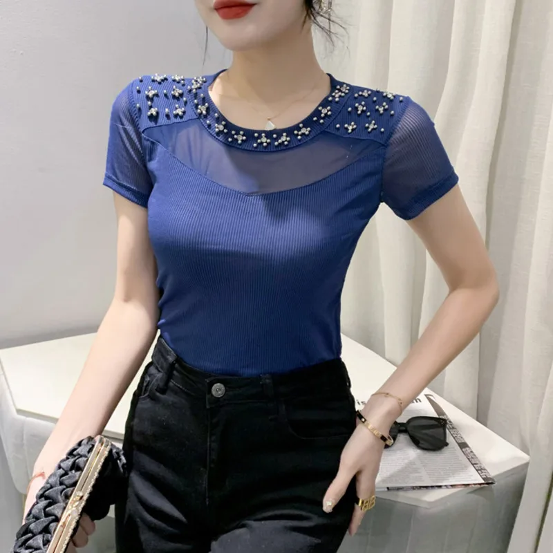 # 5355 Сексуальная сетчатая футболка с коротким рукавом Femme круглым вырезом в