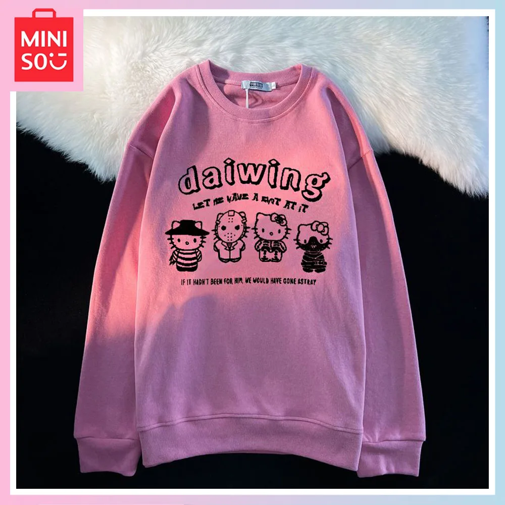 

Miniso, милые толстовки с круглым вырезом Hello Kitty для девочек, Осень-зима, новинка, Свободный Повседневный Модный Топ с длинным рукавом, подарок на день рождения и Рождество