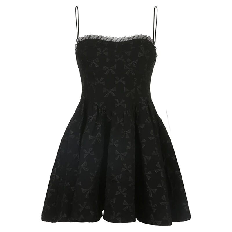 

Women Summer Spaghetti Strap Sexy Off Shoulder Mini Flowy Dress Harajuku Bowknot Jacquard Ruffle Lace Trim Pleated Flared Hem