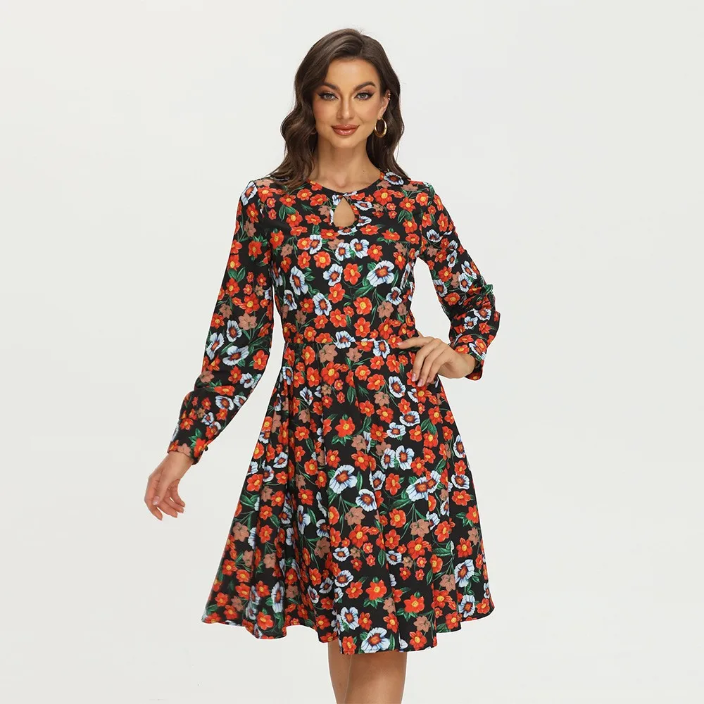 

Floral Print Long Sleeve Dress Women 2022 Spring Female Casual Elegant O-neck Collar Pleated Party Dresses Vintage Party Vestido