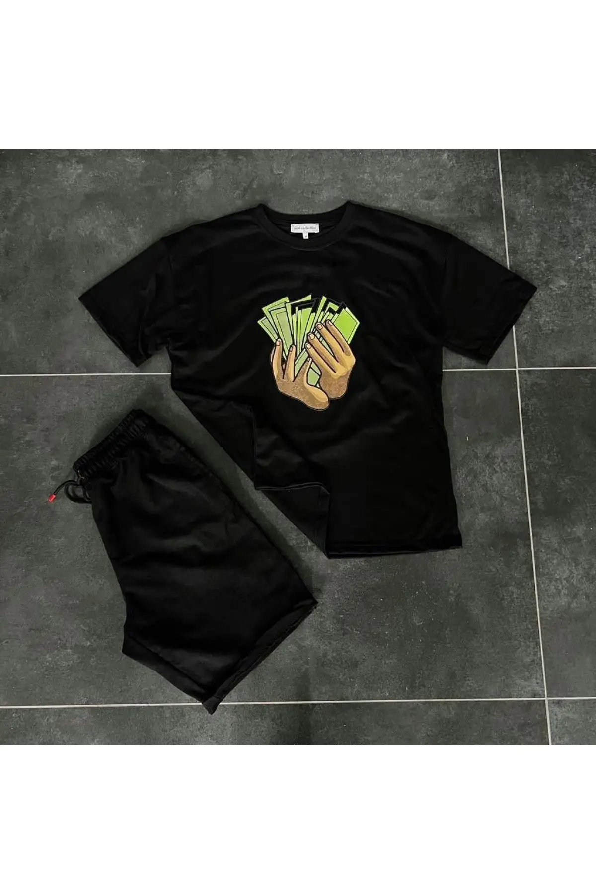 

Unisex Money printed black t-shirt and black shorts athletic