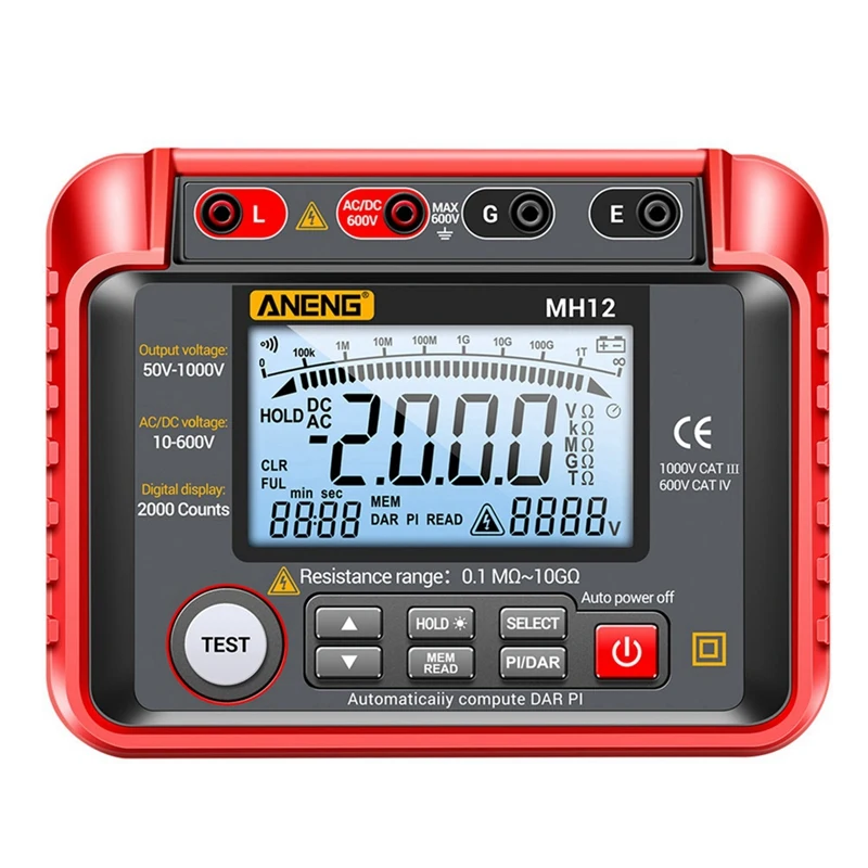 

ANENG MH12 Digital Megohmmeter Meters 50/250/500/1000V Insulation Earth Resistance Meters Tester Cable Voltmeter Megger Meter