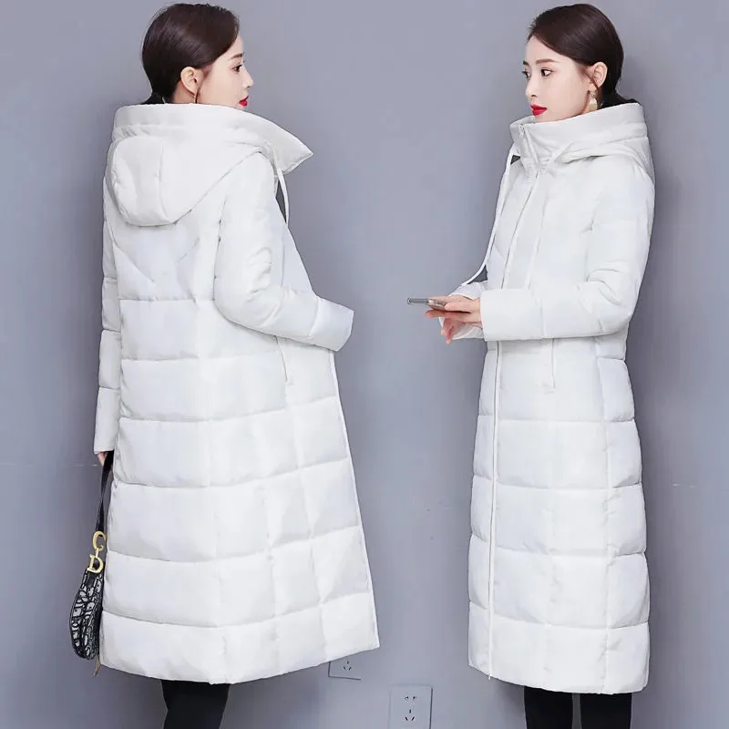 

2023 длинное прямое зимнее пальто, женские повседневные пуховики, облегающая парка с капюшоном, модная верхняя одежда оверсайз, размеры 5XL, вес 1 кг