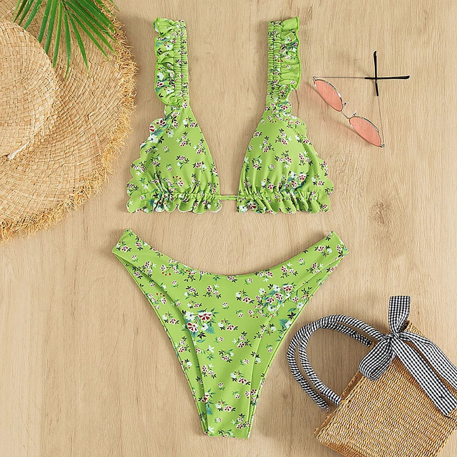 

Комплект бикини женский с чашками пуш-ап, пикантный розовый купальный костюм с микро принтом, Пляжная бандажная одежда для купания, комплек...