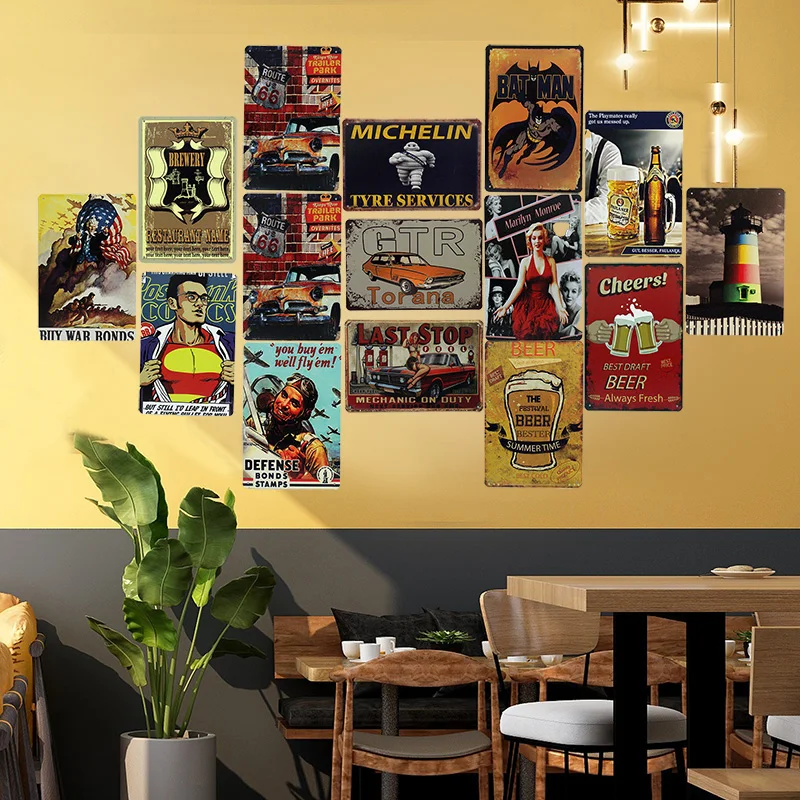 Industrial style retro nostalgic tin painting new custom bar cafe bedroom decorative painting wall painting creative