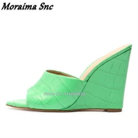 moraima snc solid alligator pattern summer slippers green black pink women sandals wedges high heels pointed toe shoes on heels