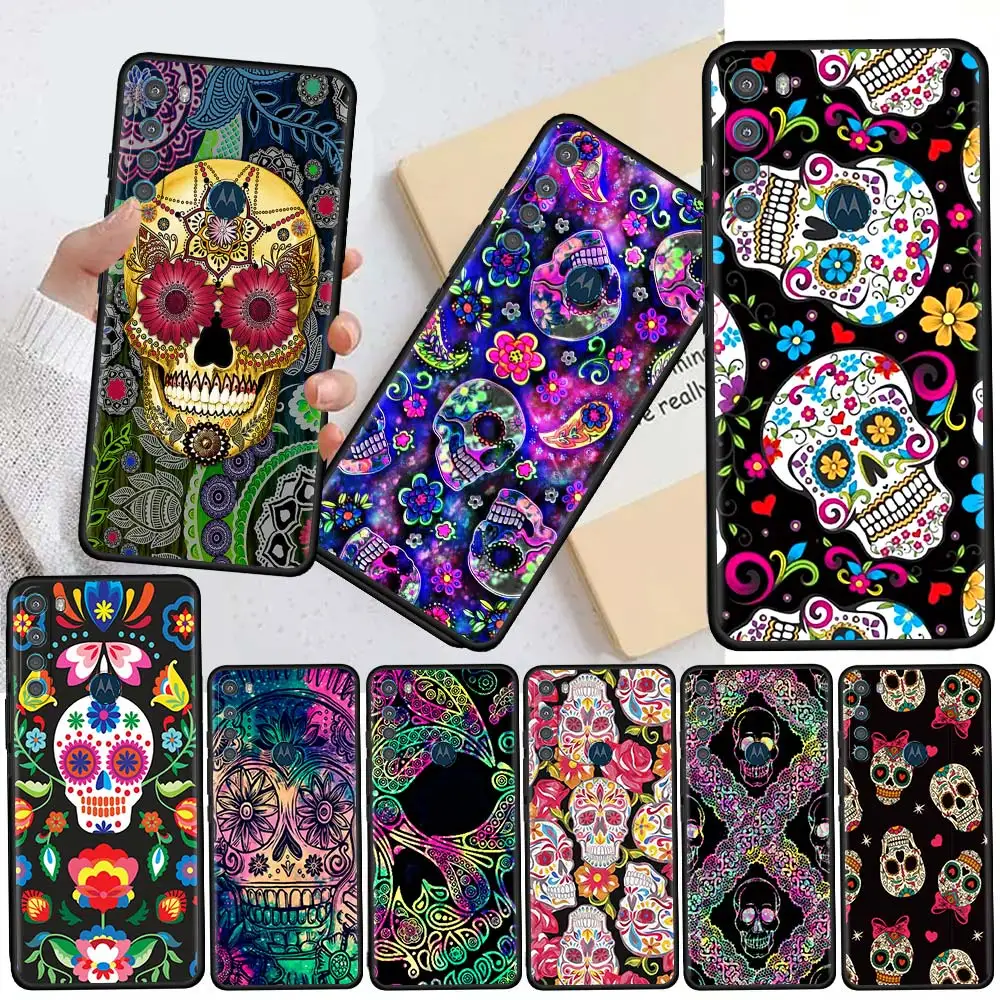 

Cool Flower Skull Art Cases For Motorola One Fusion G30 G9 Play G8 Power Lite E6s G Stylus Edge 20 Pro Black TPU Phone Shell