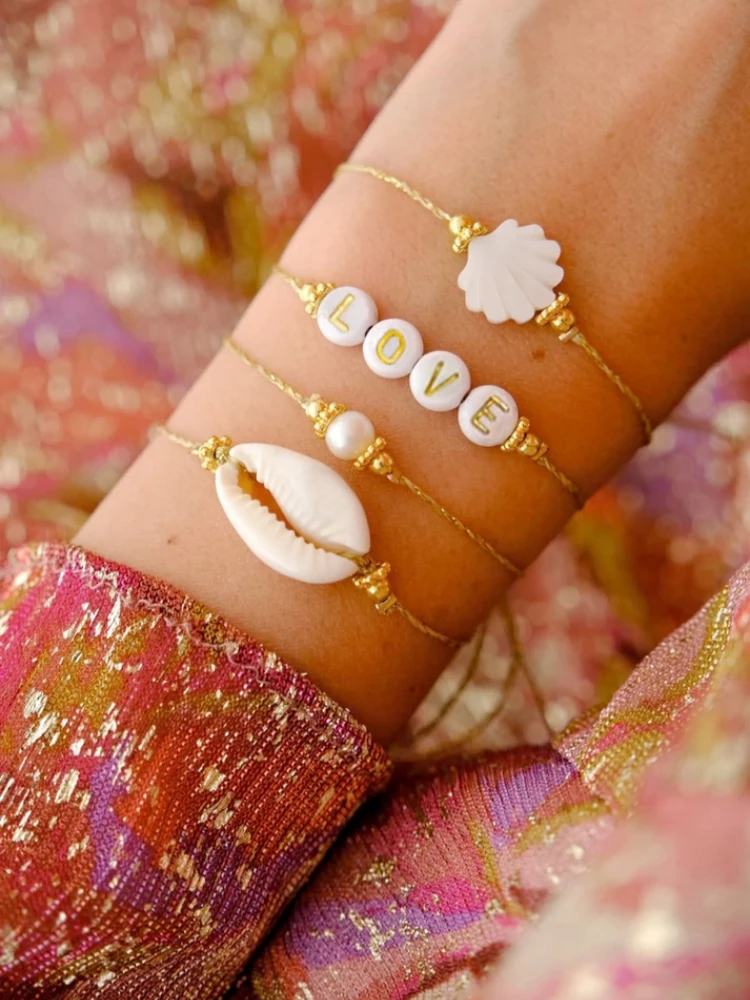 Vlen золотистый цветной браслет со шнурком натуральный жемчуг ракушки буквы