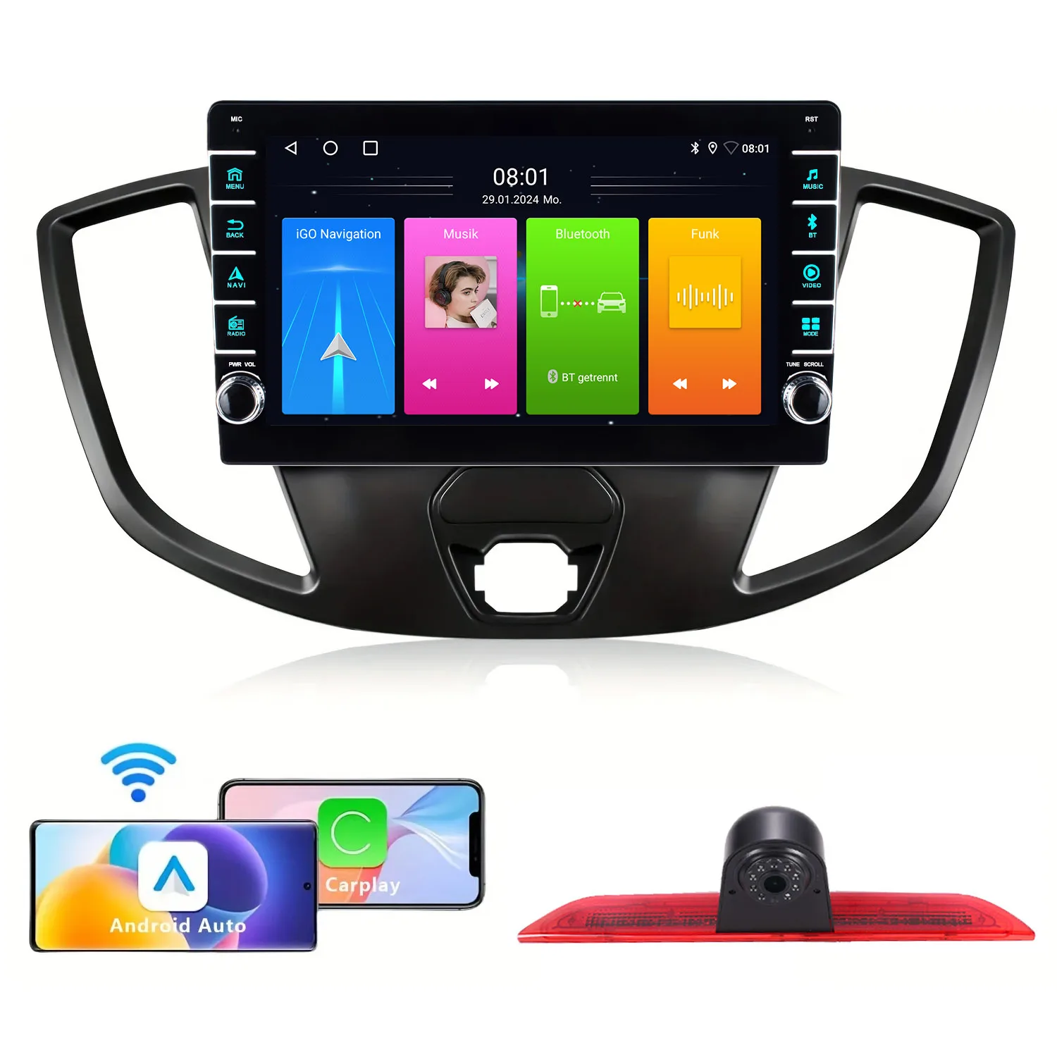 Фото 8-дюймовая автомобильная магнитола с Android Auto, Bluetooth, CarPlay, GPS-навигацией и камерой заднего вида AHD для Ford Transit MK8 Tourneo Custom 150 250 350 №1