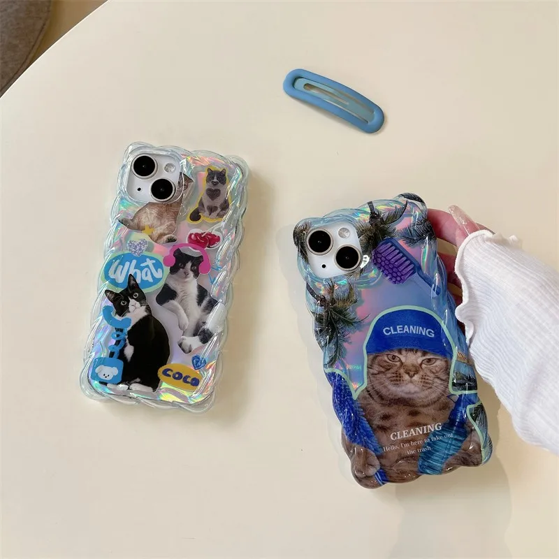 

Originality Cute Braid Edge Laser Animal Cat Female Phone Cover Case For Iphone 14 13 12 11 Pro Max Anti-fall Soft Coque Fundas