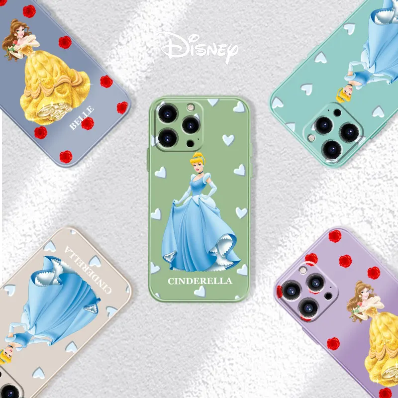 

Silicone Liquid Funda Case for iPhone 11 12 13 Pro Max 7 8 Plus SE XS i12 Luxury Disney Princess Belle Cinderella Fashion Cell