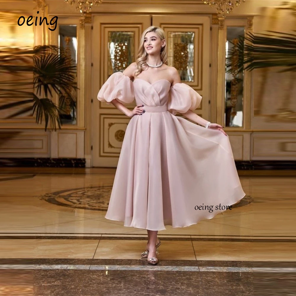 

OEING Simple A Line Blush Pink Organza Evening Party Dresses Short Puff Sleeves Sweetheart Tea Length Prom Gowns Graduation