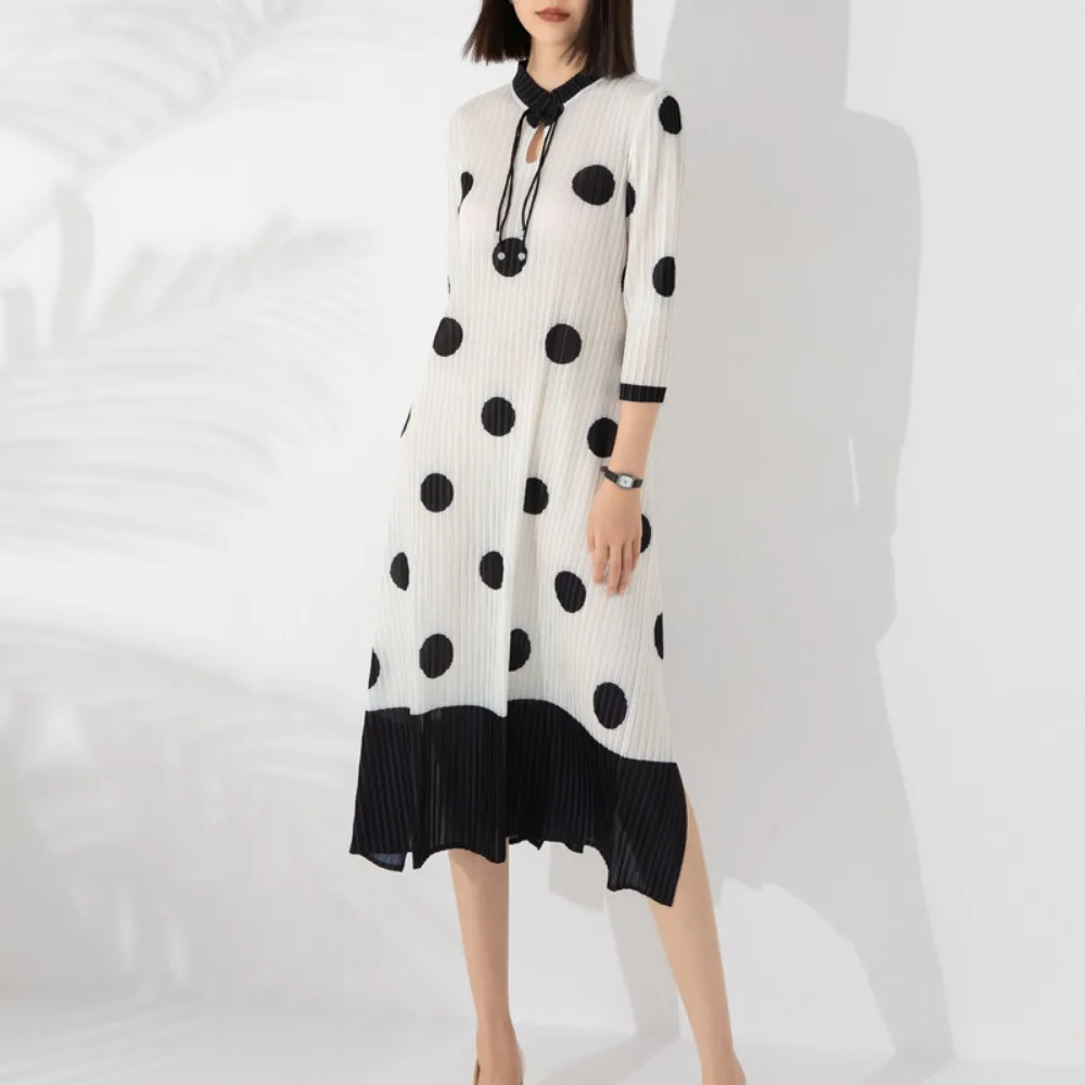 

Miyake Pleated Dress Fall New Women's Temperament Loose Large Size Polka Dot Printing Casual Long Dress Commuter Simple 2023