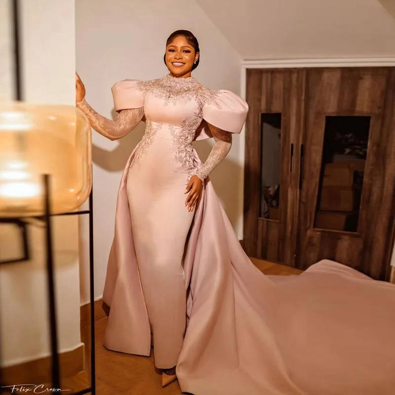 

Hi End Lace Appliques Stain Long Memaid Bridal Dresss Aso Ebi Pink Full Sleeve Africa Women Evening Dress Detachable Court Dress