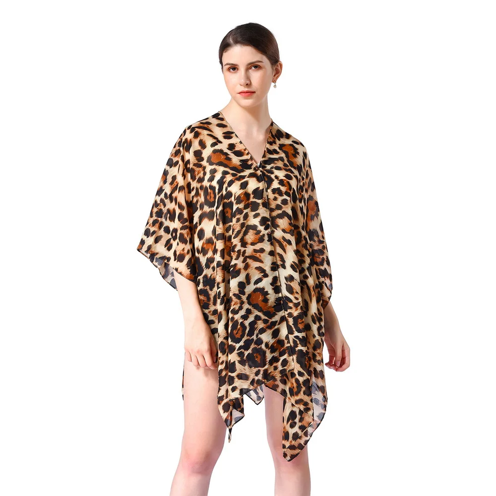 

Fashion Woman Leopard Blouses Sun Protection Cardigan Summer Poncho Beach Swimsuit Cover Up Holiday Womens Tops 2022