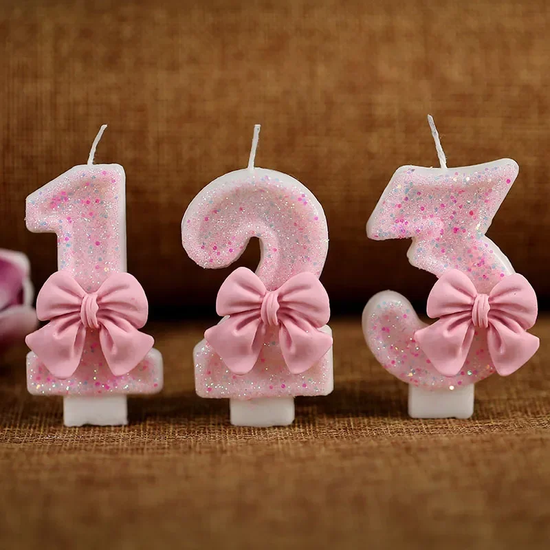 

Детские свечи на день рождения с розовым бантом, цифры 0-9, свечи на день рождения для девочек, украшение для торта на 1 год