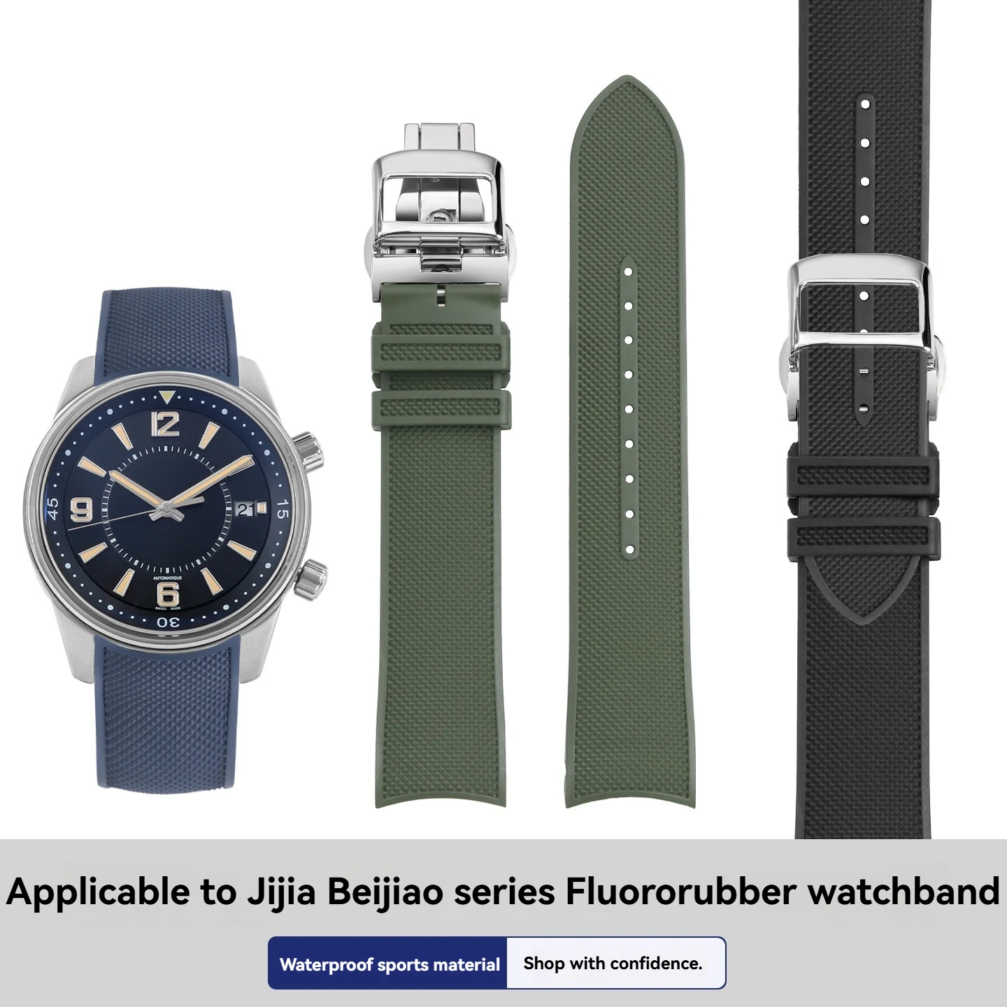 Фото Сменный ремешок из фторэластомера (FKM) с застежкой-бабочкой для Jaeger-LeCoultre Polaris, водонепроницаемый дайверский ремешок 21 мм для мужчин №1